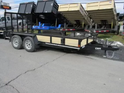 2026 CAM Superline 7x14 landscape utility trailer with rear landscape gate and dual axles for sale at TrailerWorld