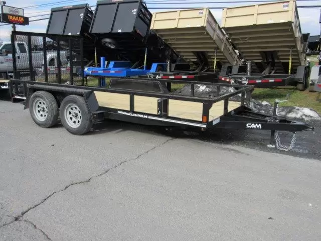 Cam-Superline-7x14-Landscape-Utility-Trailer-Ramp-Gate-Spare-Tire-Mount-3-1-1.webp 2026 CAM Superline 7x14 landscape utility trailer with rear landscape gate and dual axles for sale at TrailerWorld