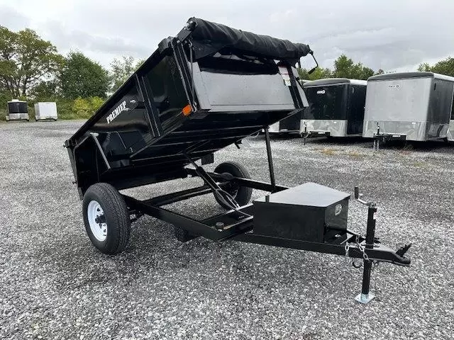 Premier-5x8-Single-Axle-Dump-Trailer-Electric-Brakes-5.2K-Axle-Tarp-Kit-2.webp Premier 5x8 low profile dump trailer with spreader gate